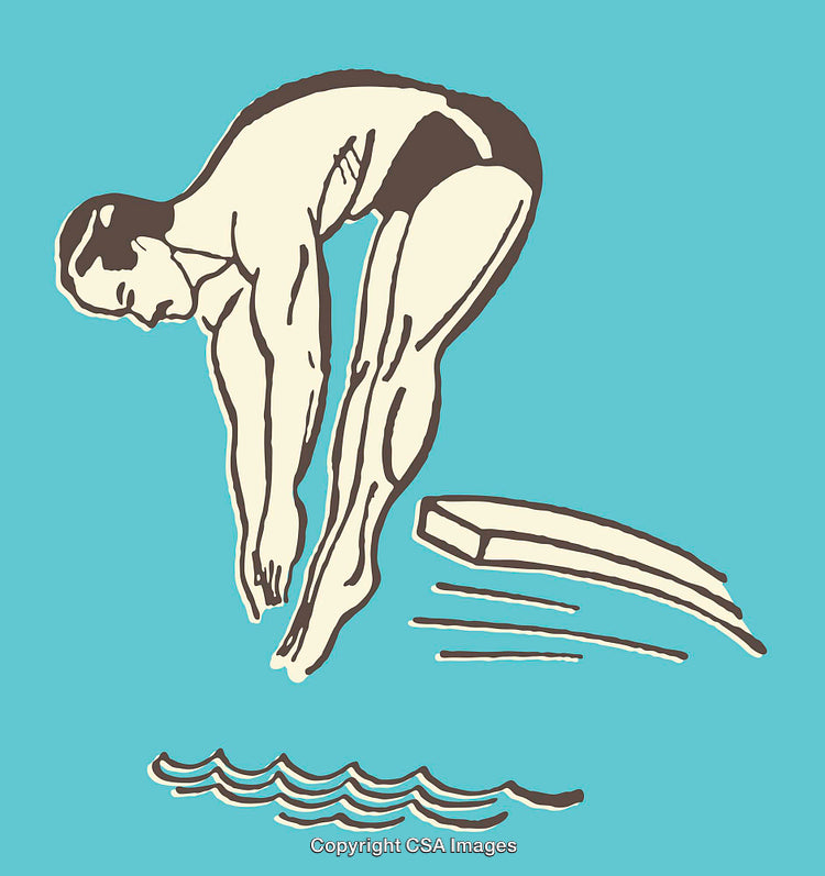 Vintage Color Illustration of Diver Performing Dive from Springboard