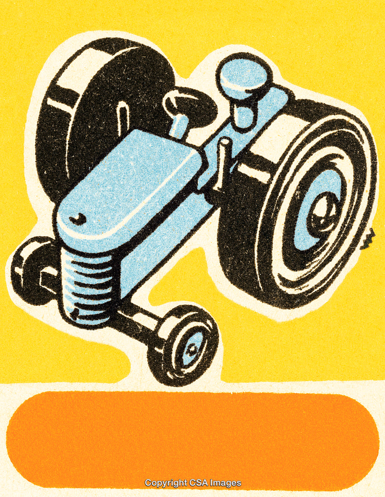 Vintage Illustration of a Small Tractor on Bright Yellow Background
