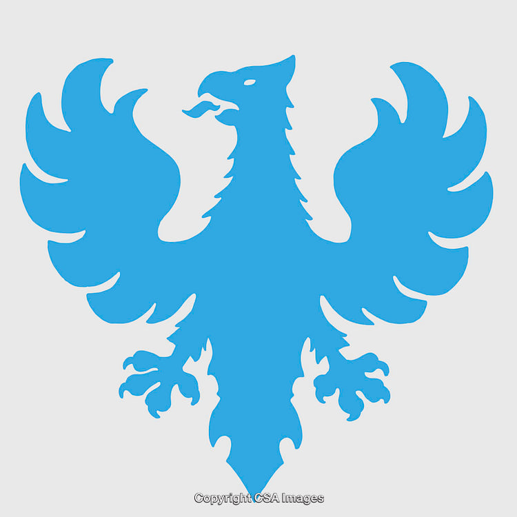 Blue Heraldic Eagle Silhouette with Intricate Feathers on White Background