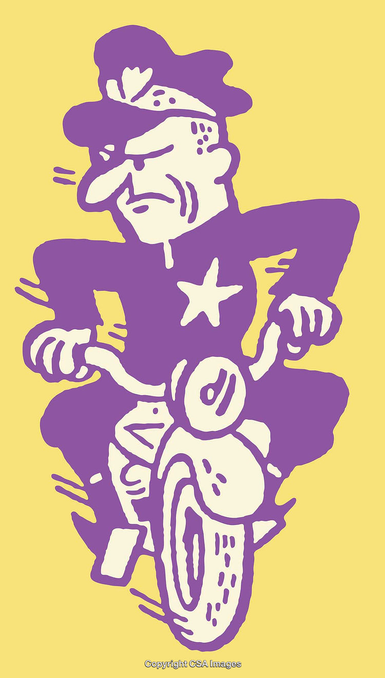 Colorful Cartoon Police Officer Riding a Motorcycle in Bold Line Art