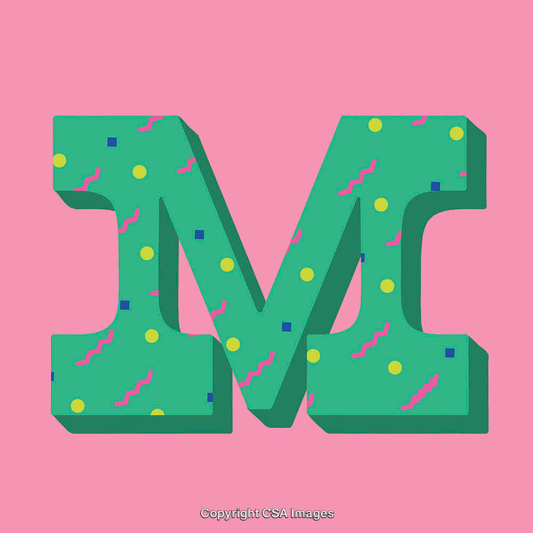 Vibrant Green Letter M with Playful Patterns on Pink Background