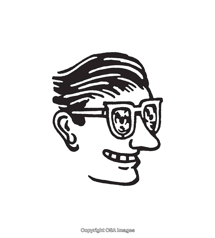 Vintage Black and White Line Art of Smiling Man in Glasses