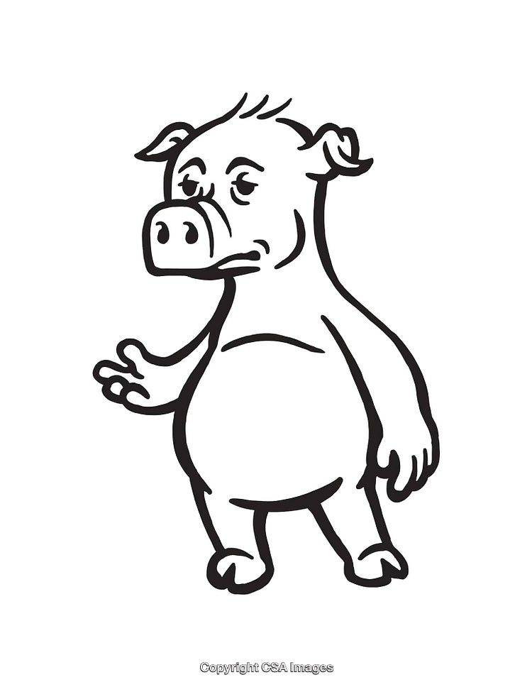 Black and White Line Art of a Standing Pig Cartoon Character