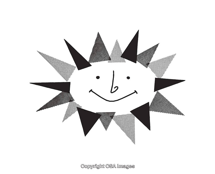 Playful Black and White Line Art of a Smiling Sun with Rays