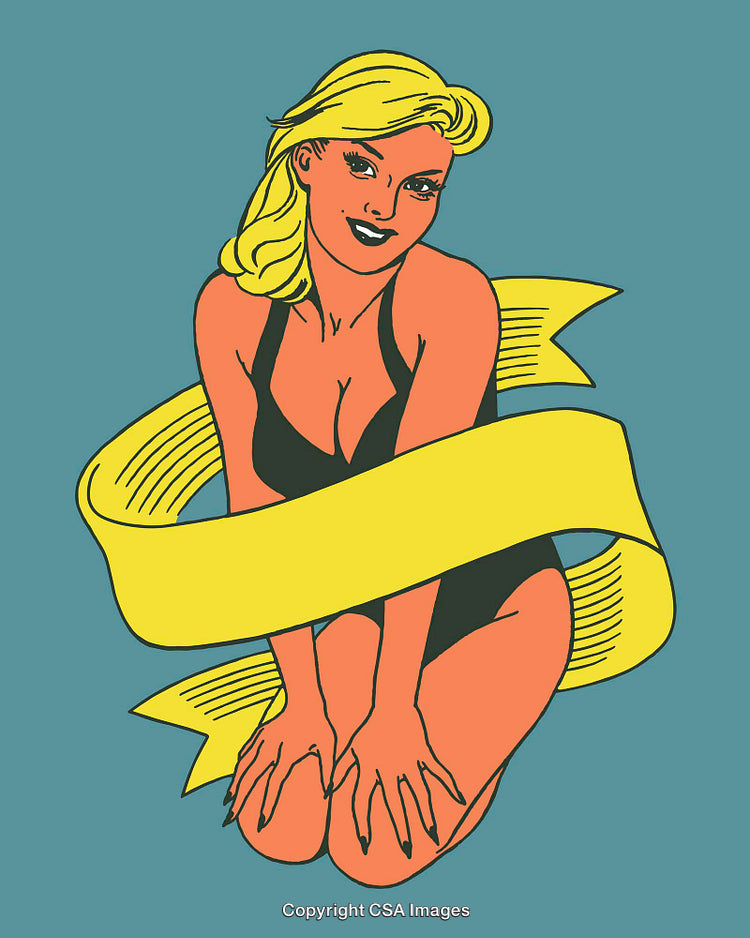 Colorful Retro Style Pin-Up Illustration with a Yellow Ribbon Design