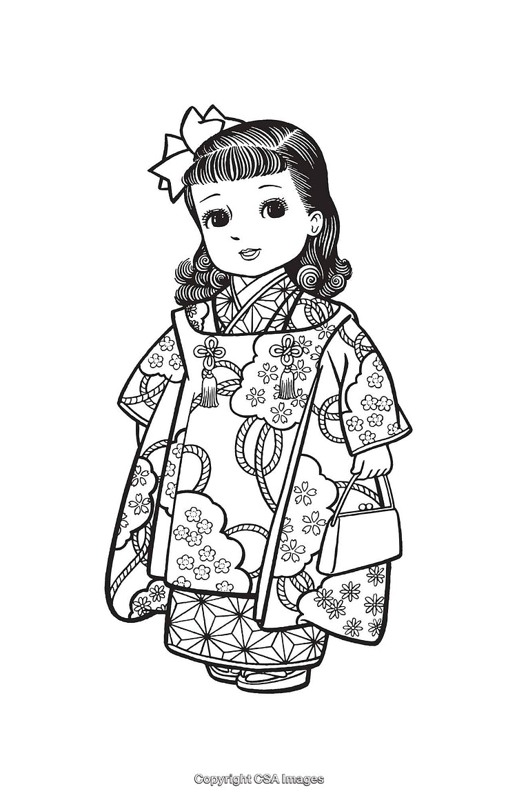 Black and White Line Art of Girl Wearing a Traditional Kimono