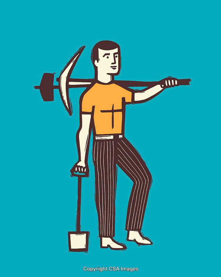 Color Line Art Illustration of a Worker With Pickaxe and Shovel