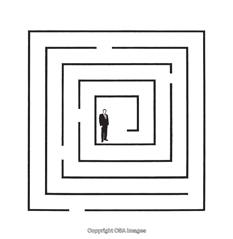 Man Inside Black And White Maze Symbolizing Challenges And Solutions