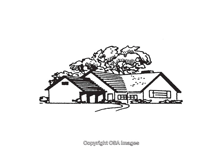 Black and White Line Art Illustration of a Suburban House With Trees