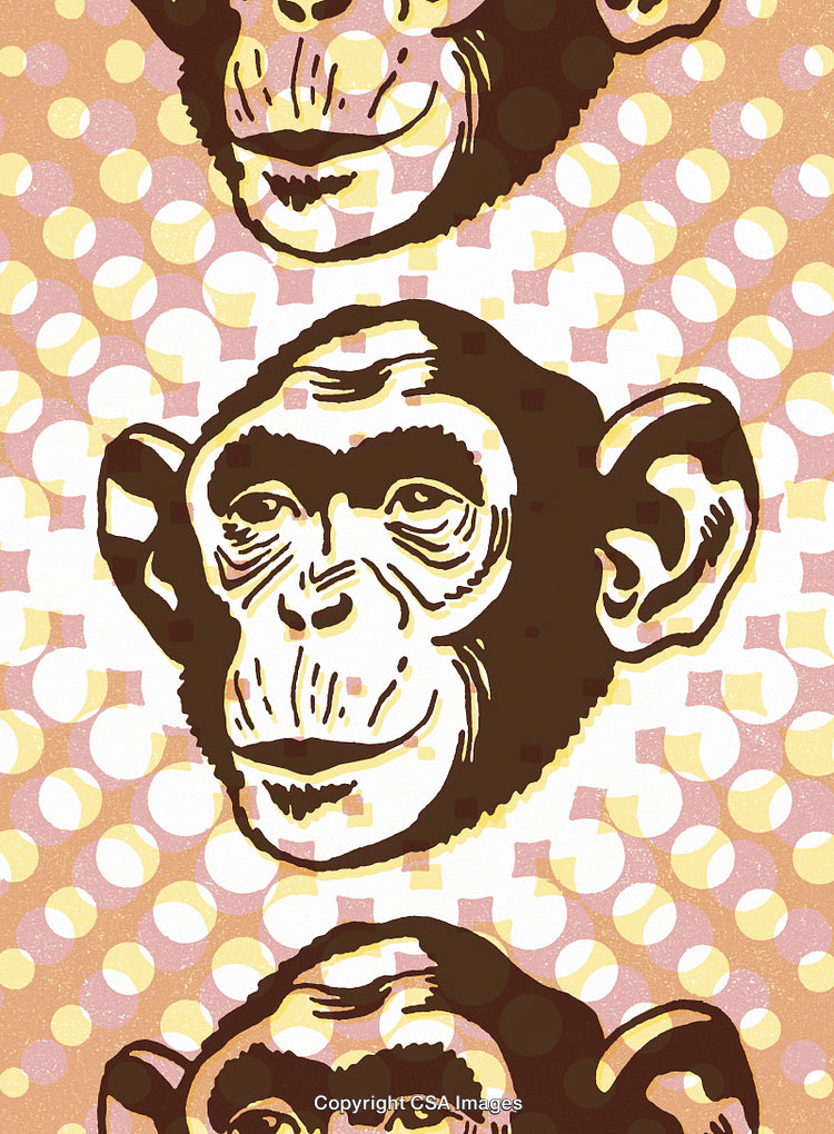 Colorful Artistic Illustration Featuring Repeating Monkey Faces in a Retro Style