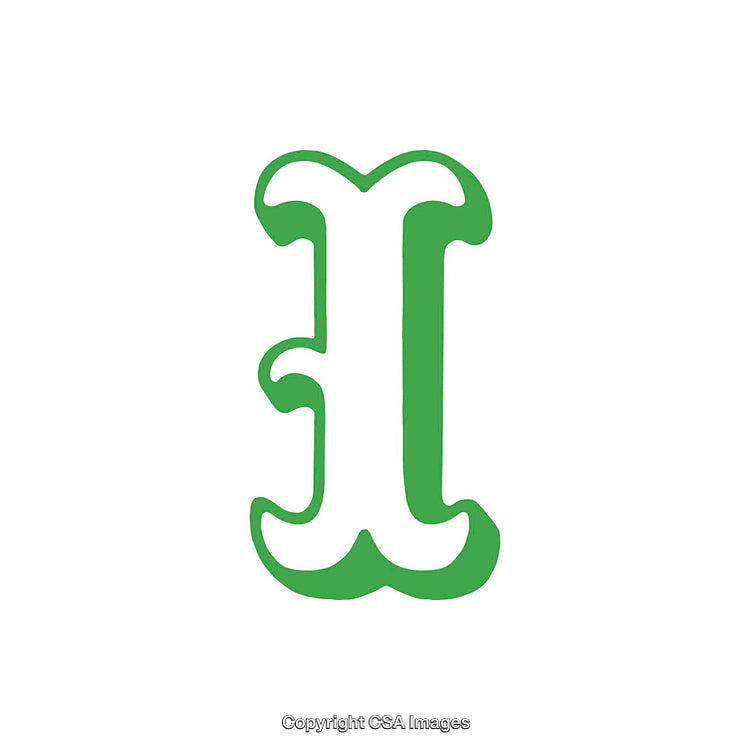 Stylized Green Letter I with Gothic Inspired Design on White Background
