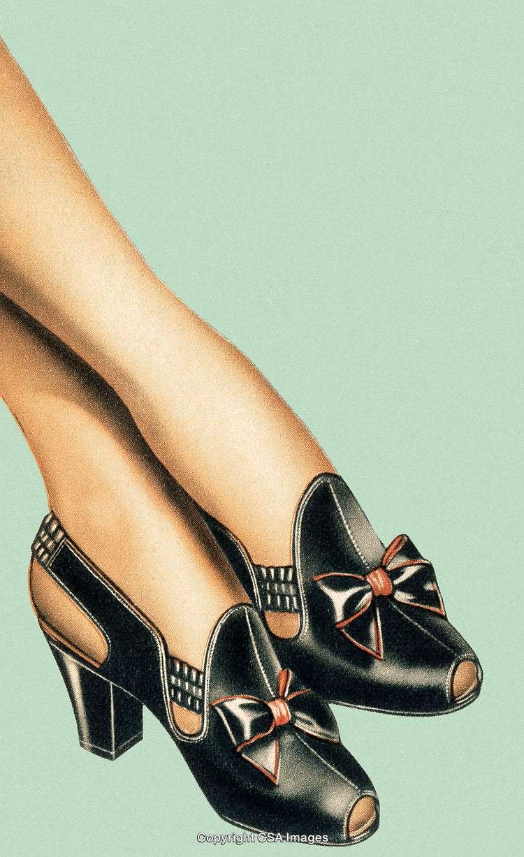 Stylized Illustration of Vintage Peep-Toe Shoes with Bow Accents on Legs
