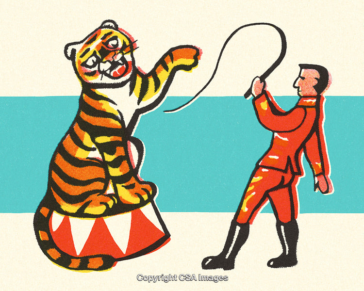 Vintage Circus Tiger Illustration Featuring Trainer and Performer's Act