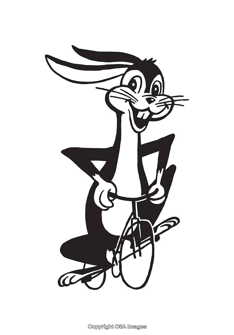 Black and White Illustration of a Rabbit Riding a Bicycle