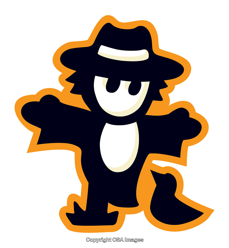 Cartoon Penguin in Suit and Hat Illustration on Yellow Outline