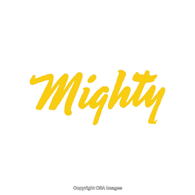 Inspirational Yellow Lettering of Word 'Mighty' on White Background