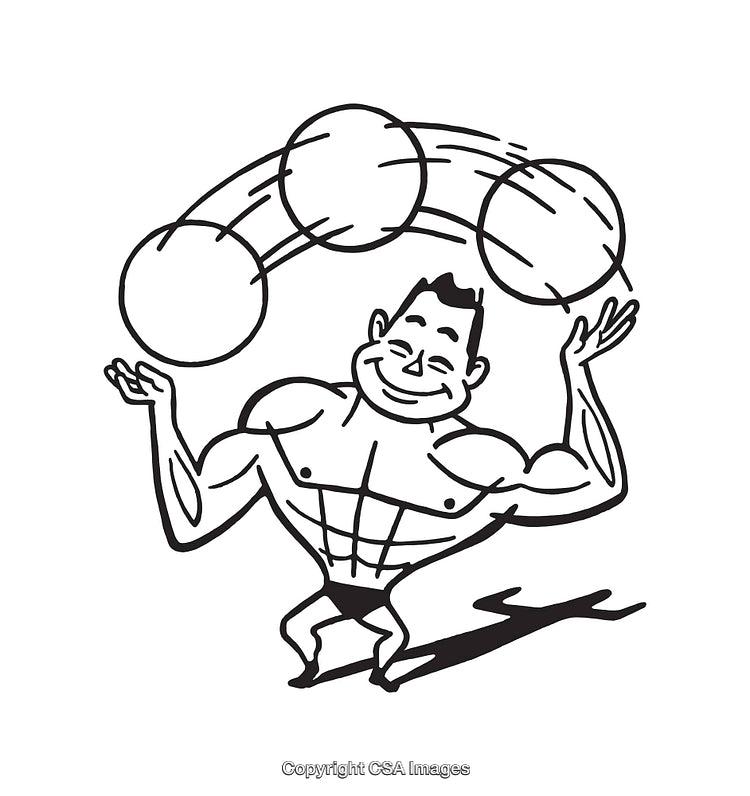 Strongman Juggling Balls in Black and White Line Art Illustration