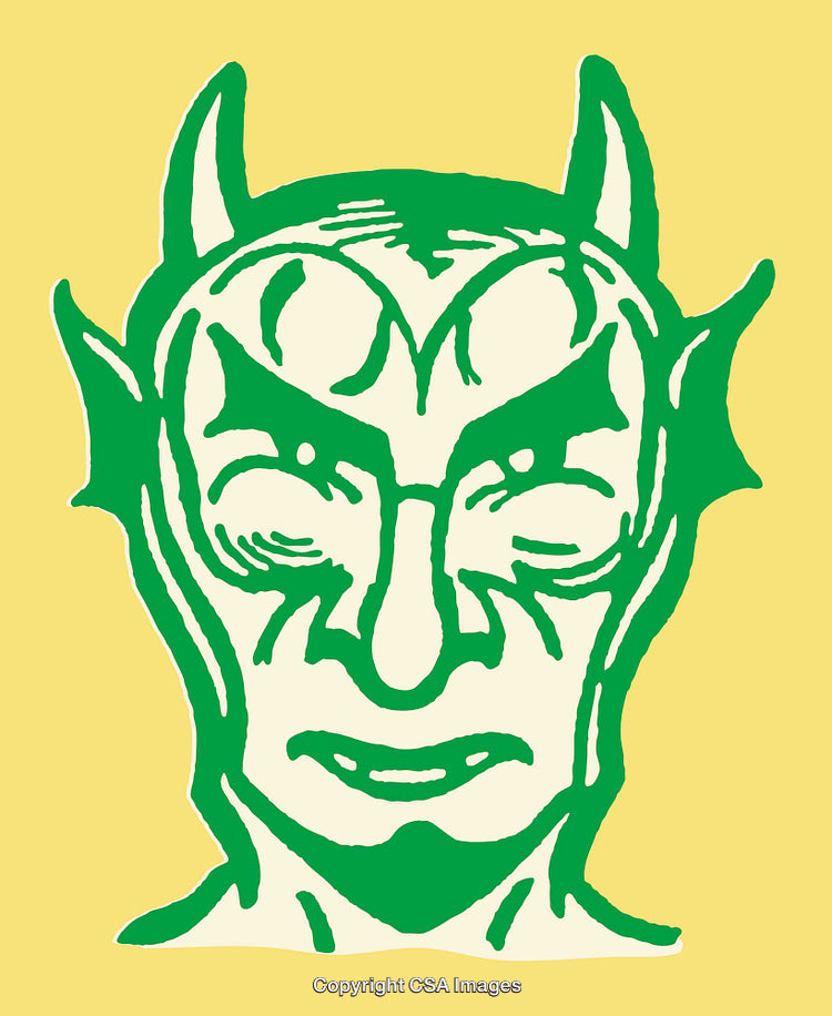 Green Demon Face Illustration on Yellow Background in Bold Line Art Style