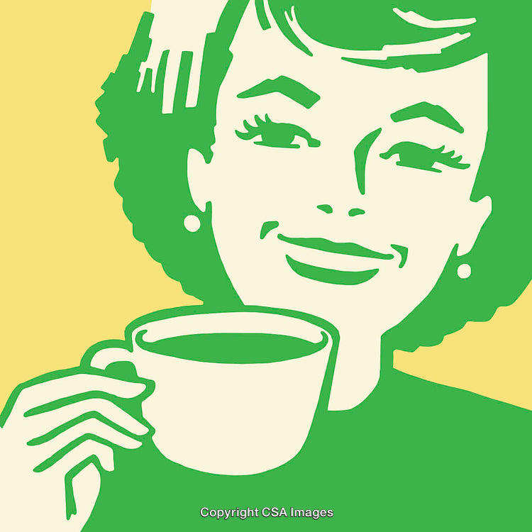 Retro Style Illustration of a Smiling Woman Enjoying a Warm Beverage
