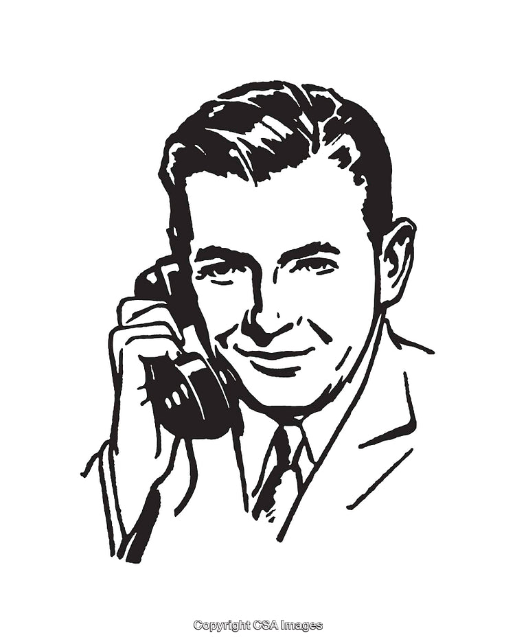 Retro Illustration of Man Talking on Telephone in Black and White Art