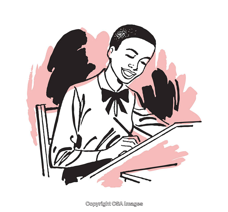 Cheerful Illustrated Student Writing at a Desk in a Retro Stylish Design