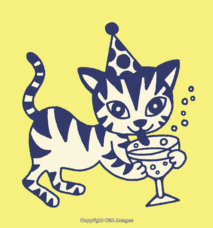 Whimsical Cat with Party Hat Enjoying a Fun Beverage on a Happy Day