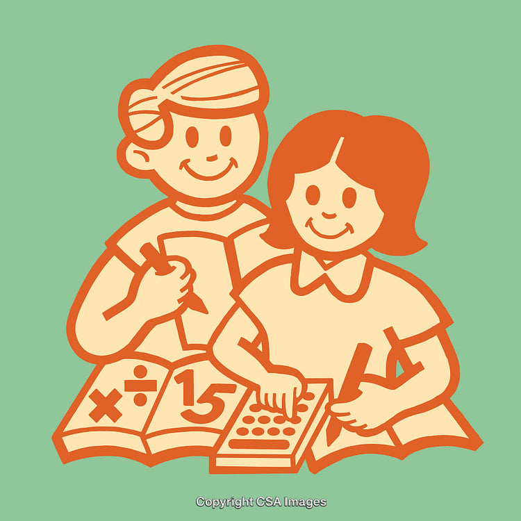 Vintage-Style Line Art of Two Children Doing Homework