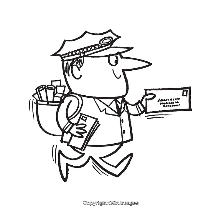 Happy Cartoon Postman Delivering Mail in Black and White Line Art