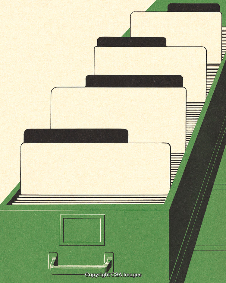 Green Filing Cabinet with Organized White Folders in Art Deco Style