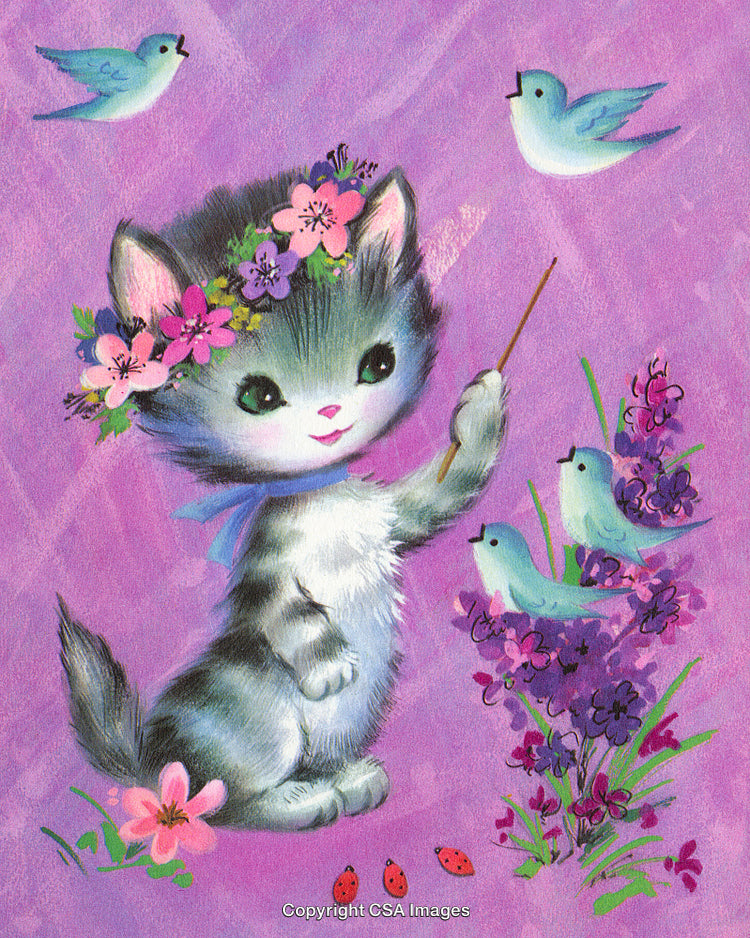 Adorable Kitten With Floral Crown Admires Bluebirds on Lilac Background