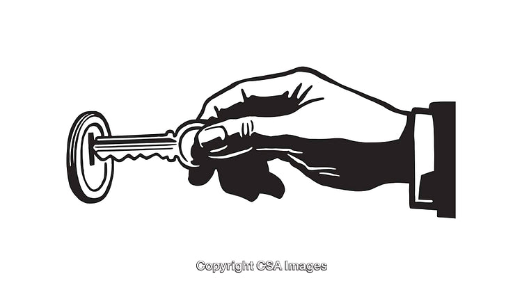 Hand Holding Key Unlocking Door in Black and White Illustration