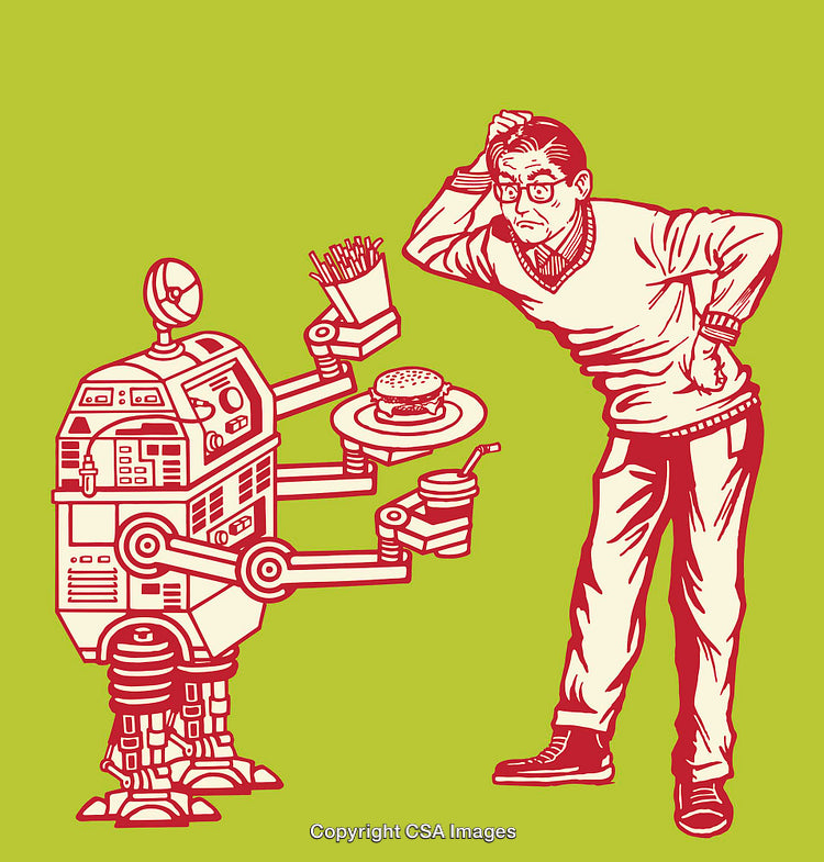 Robot Serving Food to Curious Man in Humorous Line Art Illustration