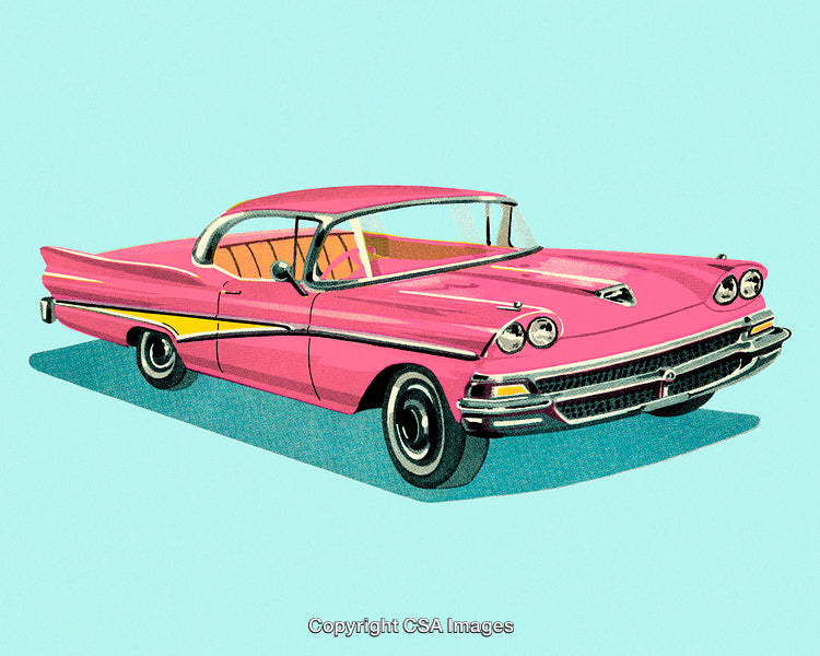 Vintage Pink Car Illustration on Blue Background
