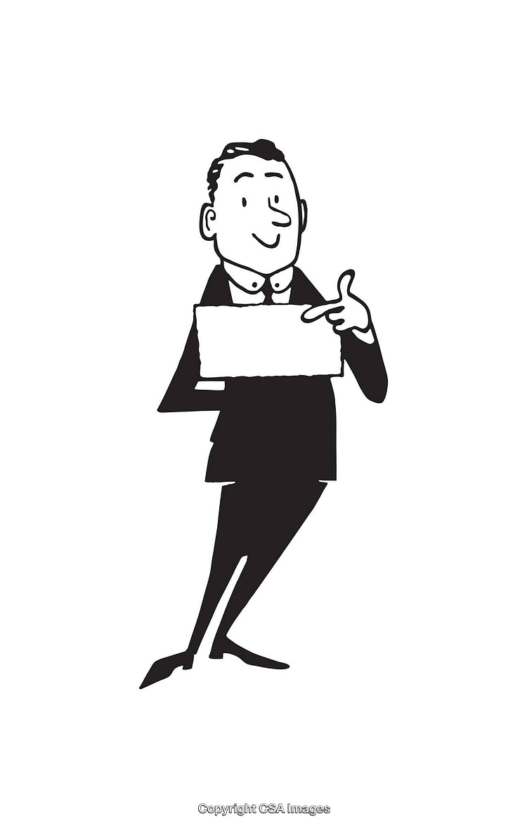 Businessman Pointing at Blank Sign in Vintage Black and White Illustration