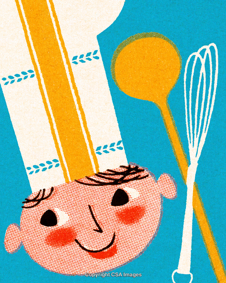 Illustration of a Cheerful Chef with a Hat, Spoon, and Whisk