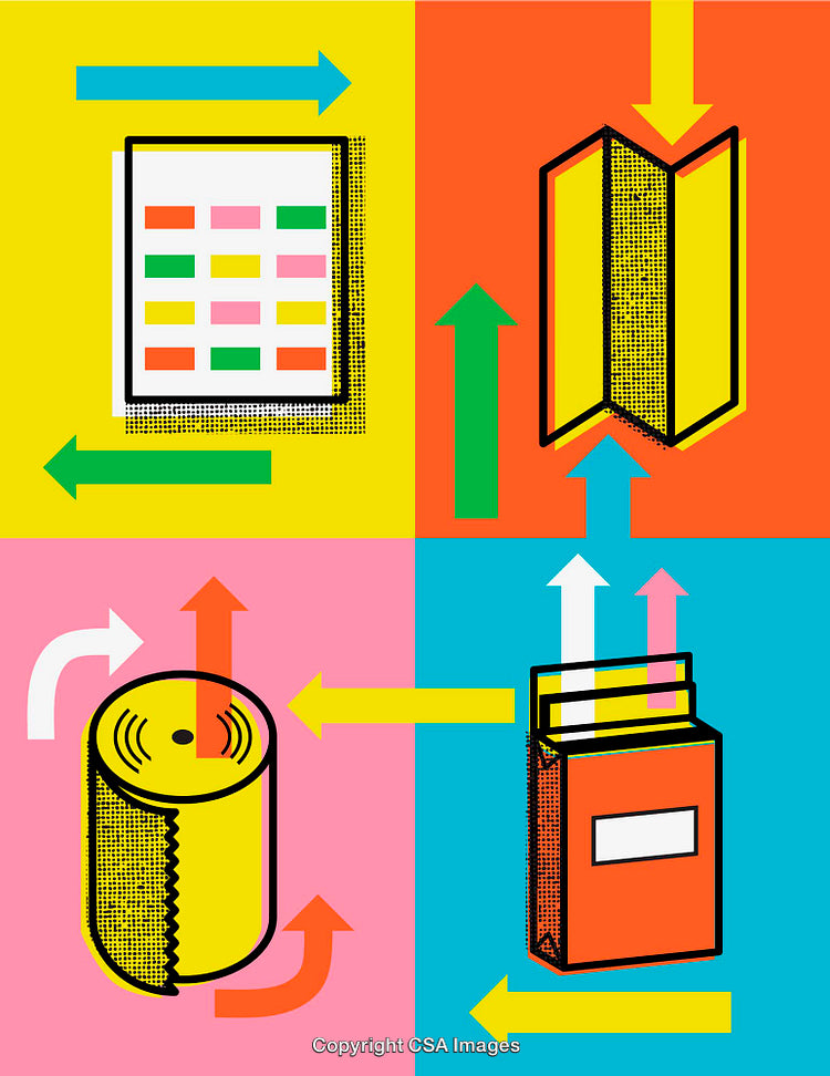 Colorful Line Art Illustration Depicting Concepts With Arrows and Shapes