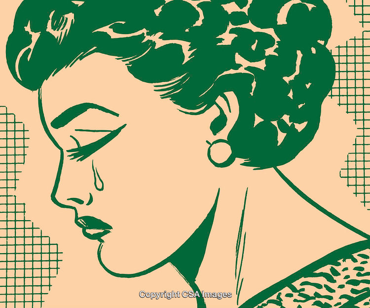 Vintage Pop Art Illustration of a Tearful Woman in Emotional Profile