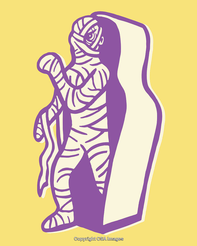 Colorful Line Art Illustration of a Mummy Emerging From Sarcophagus