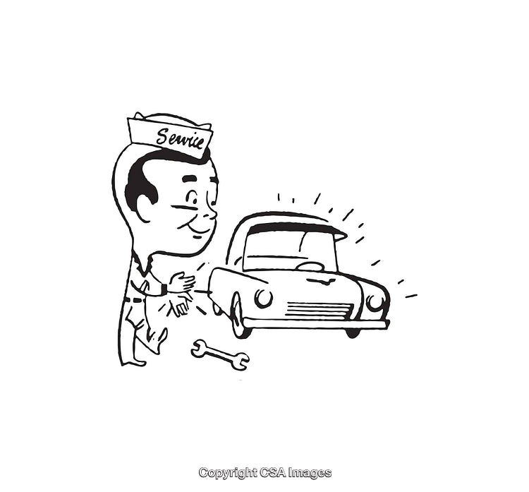 Vintage Black and White Line Art of a Mechanic Fixing a Car
