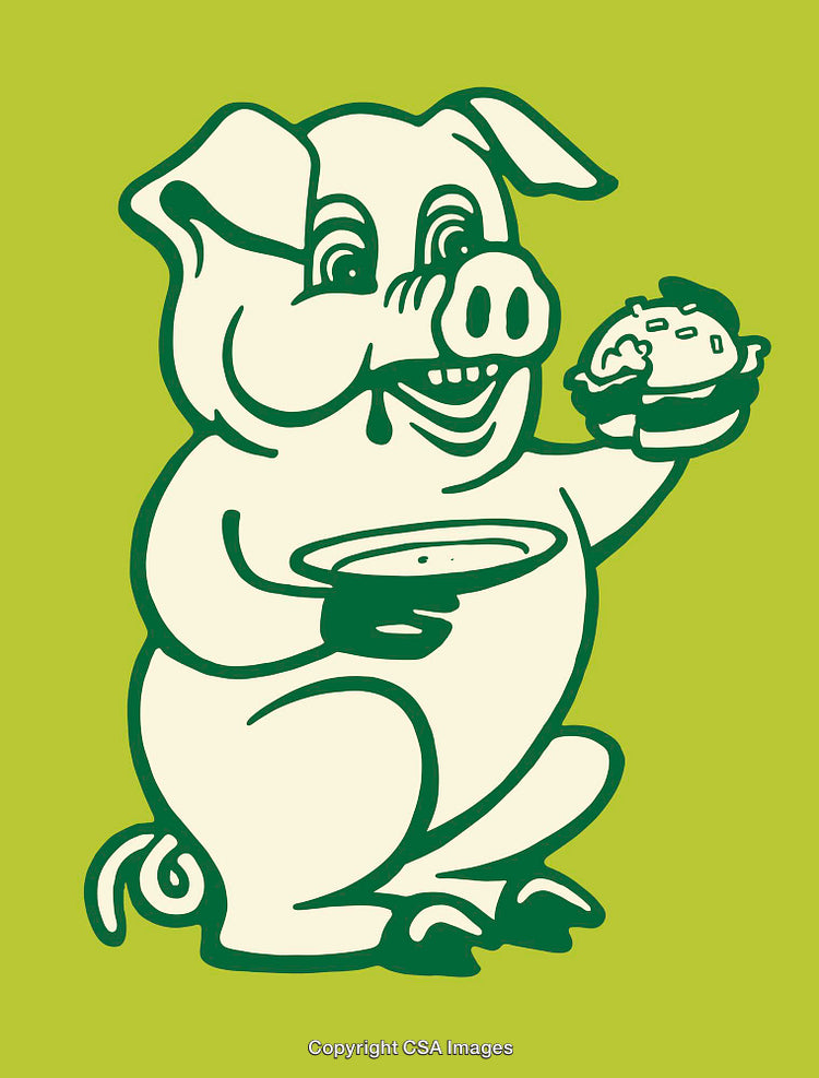 Happy Cartoon Pig Eating a Burger in Green Background Line Art Illustration