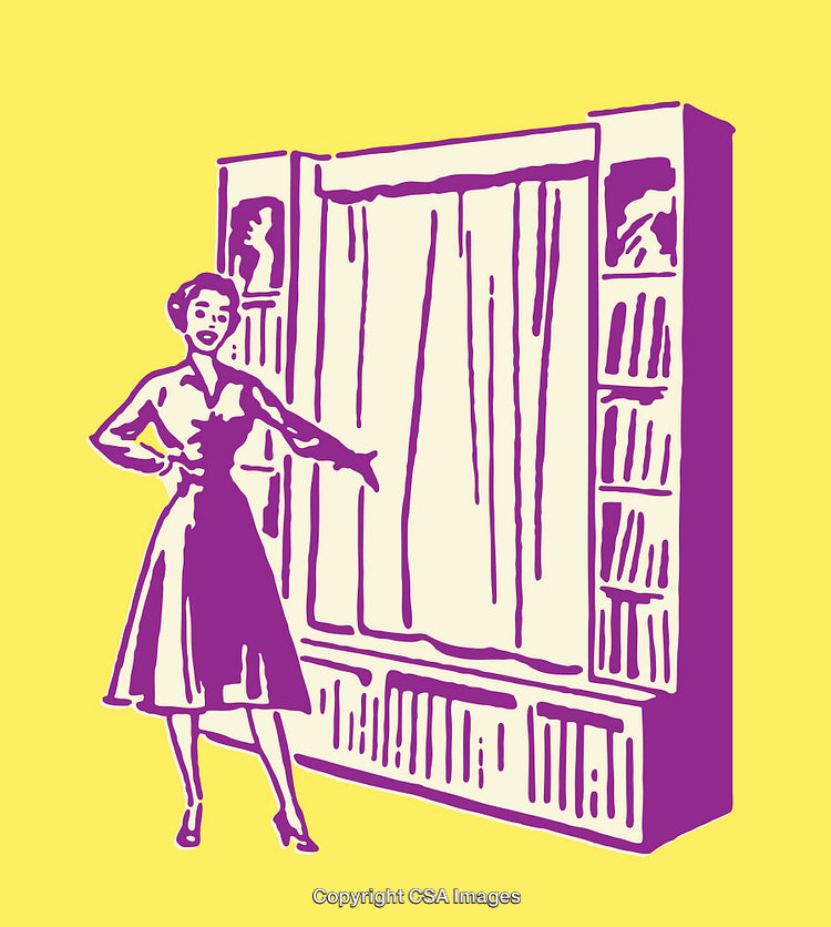 Vintage Pop Art Illustration of Woman Presenting a Shelved Interior Scene