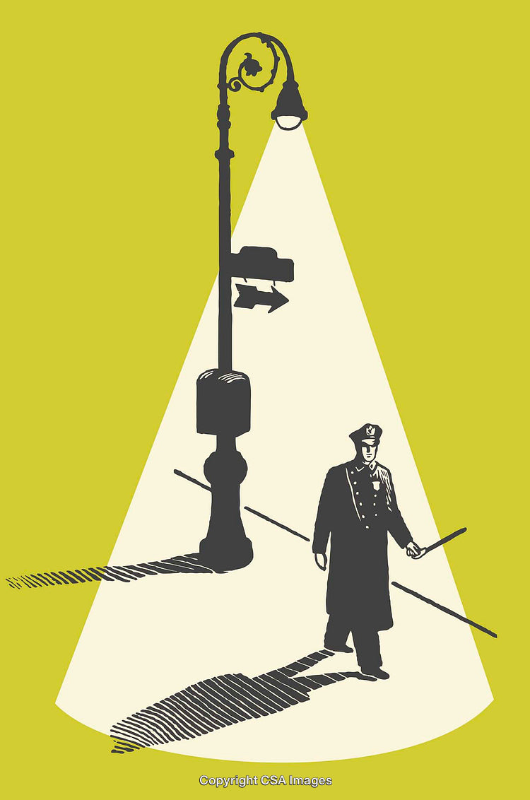 Silhouette of a Policeman Under a Vintage Street Lamp Illustration