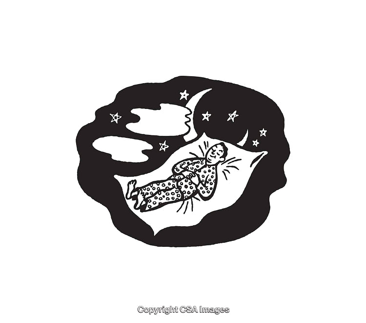Black and White Line Drawing of a Person Sleeping Under the Night Sky