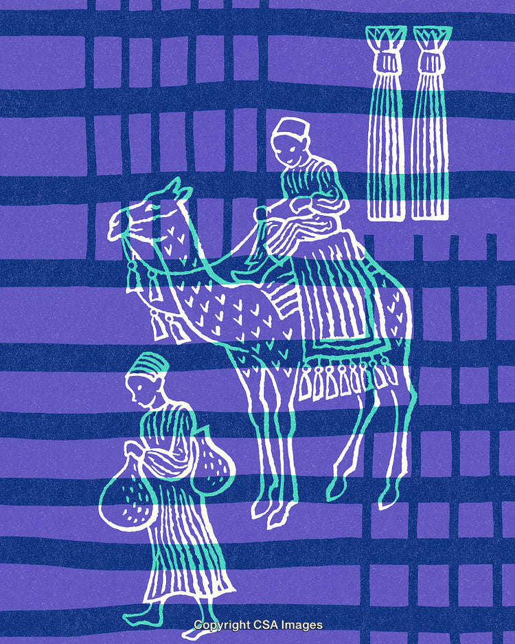 Abstract Illustration of Traditional Travel Scene Featuring Riders and Patterns