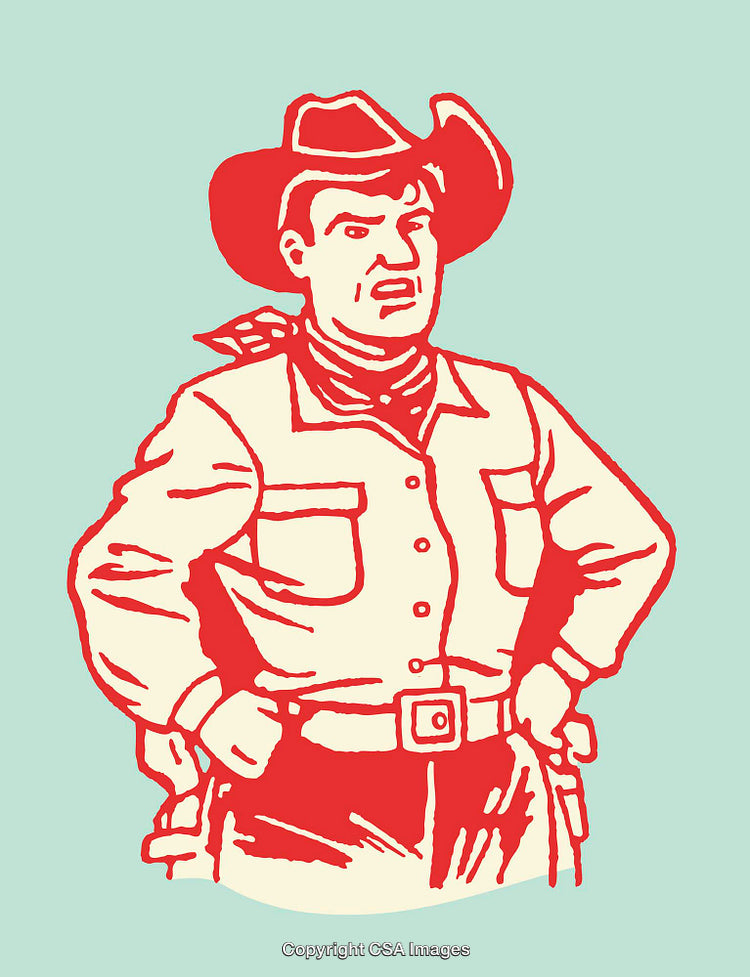 Retro Style Cowboy Line Art Drawing in Bold Red and Blue Colors