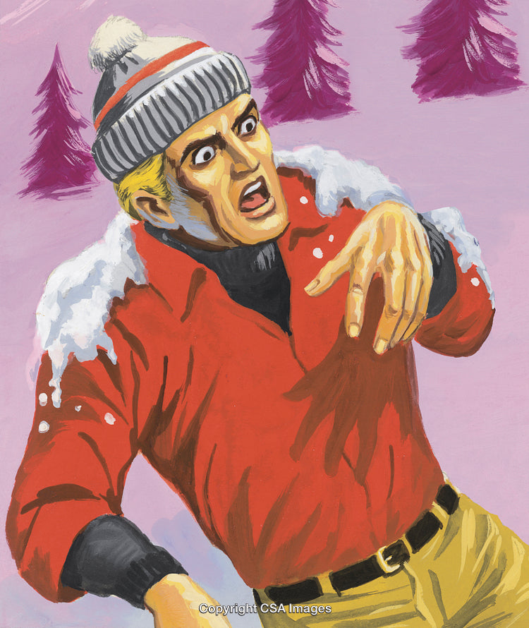 Shocked Man in Winter Scene With Bright Purple Trees and Snowy Landscape