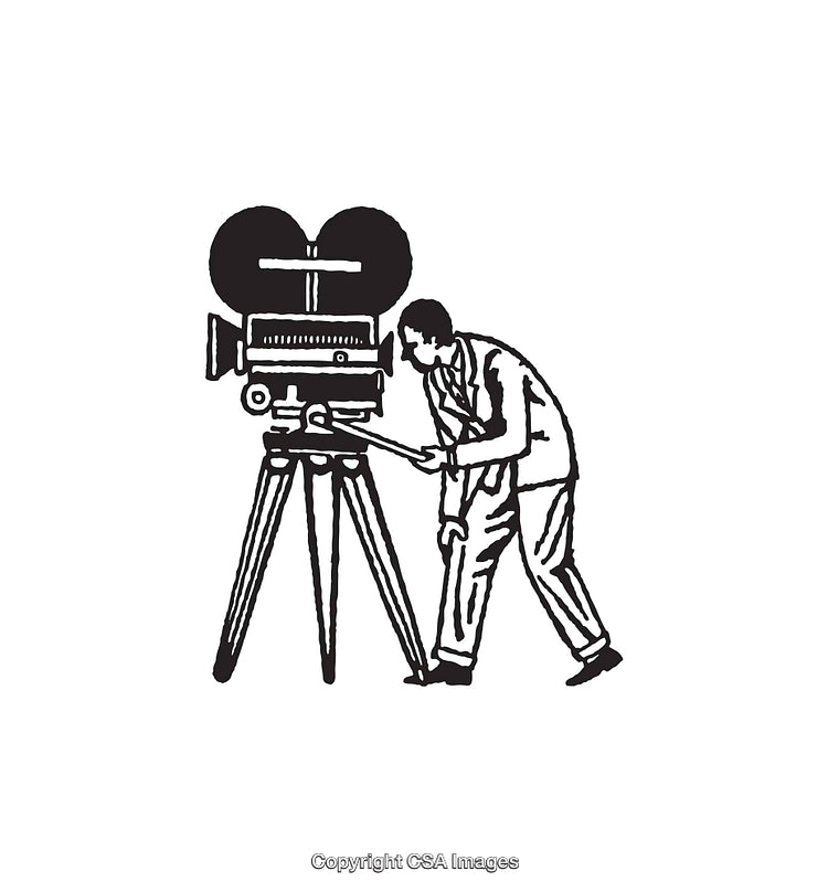 Vintage Illustration of a Filmmaker Operating a Classic Movie Camera