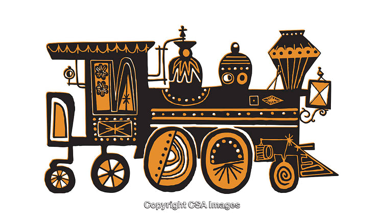 Artistic Orange and Black Illustration Featuring a Stylized Vintage Train