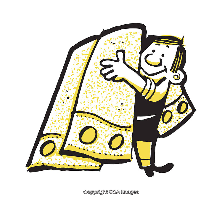 Whimsical Illustration of Smiling Character Holding Giant Cheese