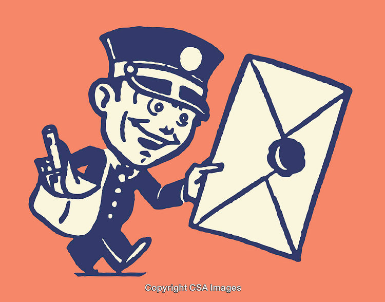 Vintage Illustration of a Cheerful Postman Carrying an Oversized Envelope